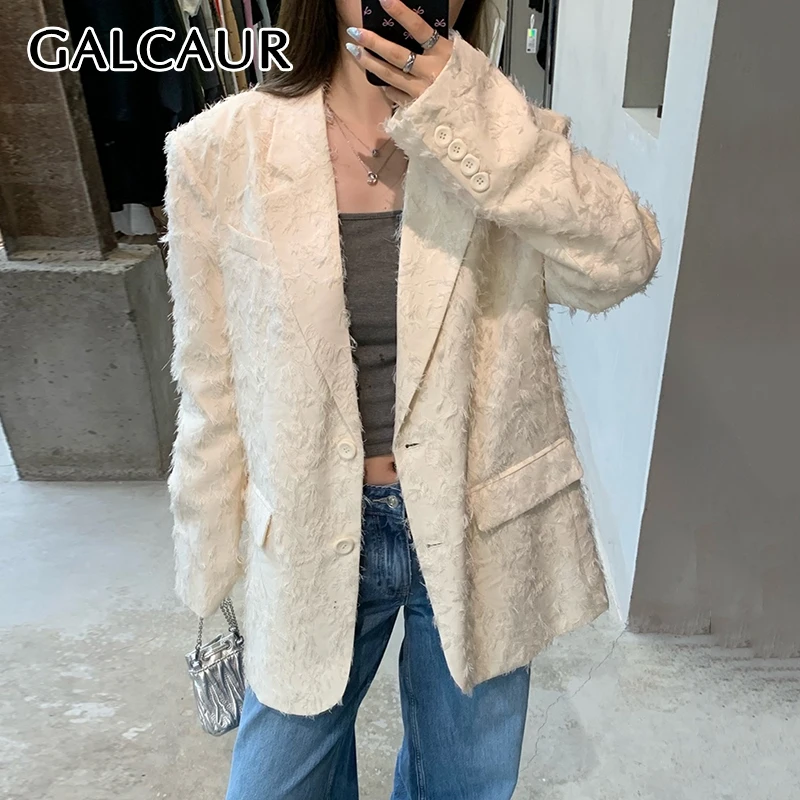 

GALCAUR Vintage Blazers Woemn Notched Colar Long Sleeve Spliced Pocket Hook Flower Hollow Design High Design Coats Female Autumn