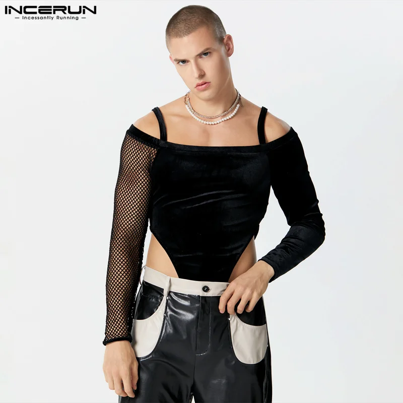 INCERUN 2024 Sexy Style Nouveau Hommes Homewear Mode Solide All-match Batterie Costumes Beau Mâle Creuser Maille Longue Setransported Combinaison S-5XL