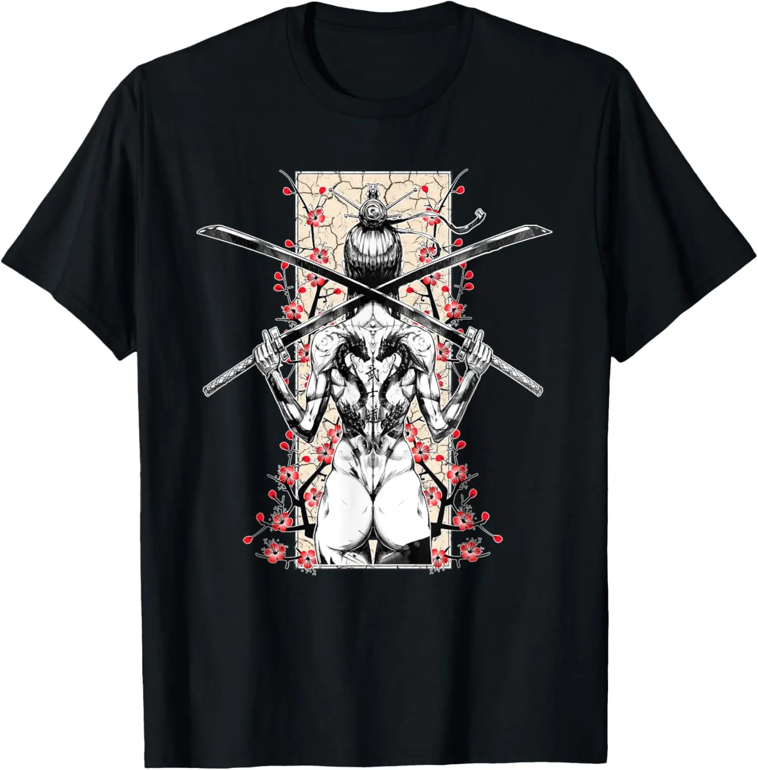Cyberpunk Samurai Girl With Katanas Cherry Blossom Graphic T-Shirt Soft Cotton Short Sleeve Tee