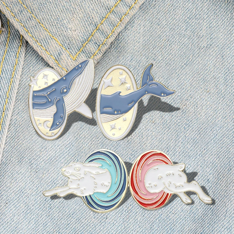 

2pcs/set Animal Enamel Pins Custom cat Whale Rabbit Time Travel Brooches Lapel Badges Animal Jewelry Gift for Kids Friends