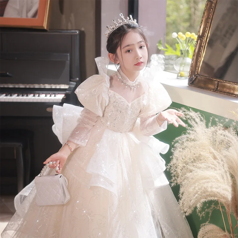 الفتيات فستان الأميرة الراقية المنصة زهرة فتاة الزفاف فتاة صغيرة فستان الأطفال المضيف أداء البيانو فستان طويل الأكمام
