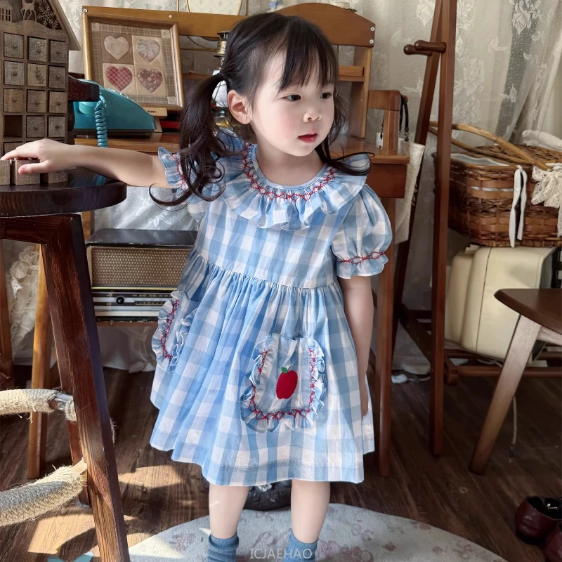 

2025 Kids Girls Blue Gingham Short Sleeve Dress Vintage Hand Smocked Matching Summer Cotton Casual Simple Holiday Wear Clothes