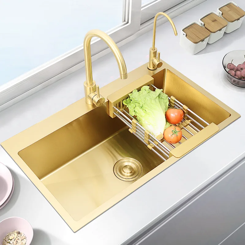 304 Undermount Gold Handmade Steel Multifunctional Single bowl Waterfall Modern Smart Luxury Kitchen Sink