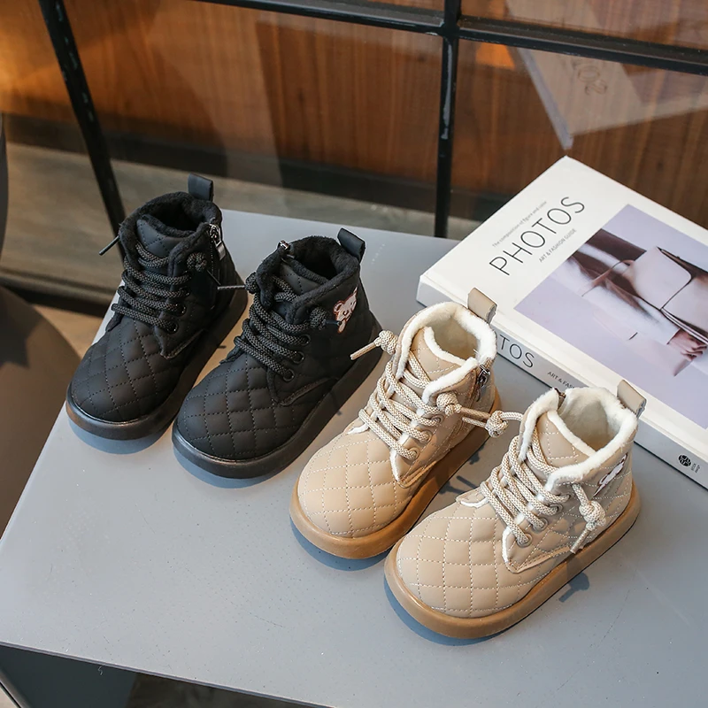 

2025 New Girls Boots Autumn Winter Kids Cotton Plush Fur Boots Cute Sweet Lace-up Ankle Snow Boots for Girl Детские Сапоги