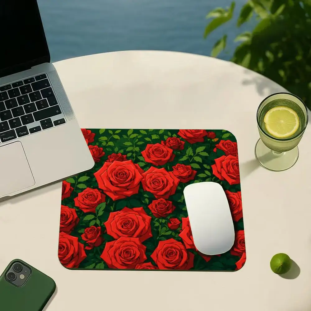 Pixel Art Pink Rose Mouse Pad Vintage Floral Square Mousemat Non Slip Rubber Base Gaming Mousepad Desktop Decor Laptop PC Office