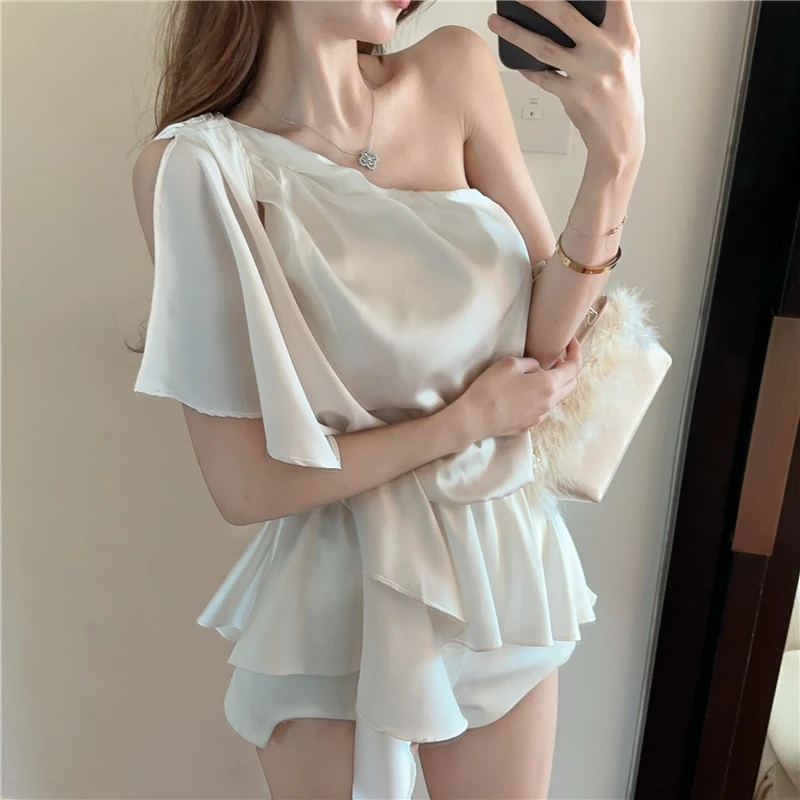 Ezgaga Women Shirts Satin Ribbon Irregular Off Shoulder Sleeveless Diagonal Collar Ruffles Sweet Elegant Blouse FemaleTops