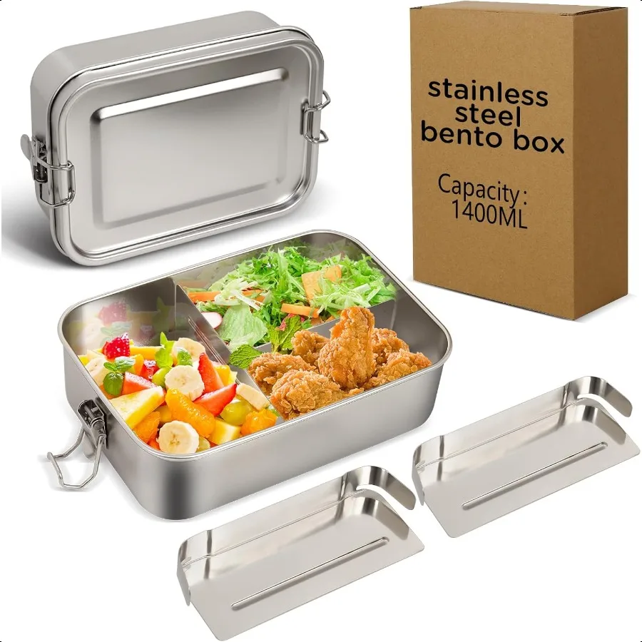 

304 Stainl Steel Lunch Box and Food Containers with Lids 1400ml LeakProof Adjustable Compartment Metal Bento Box for Travel Wor