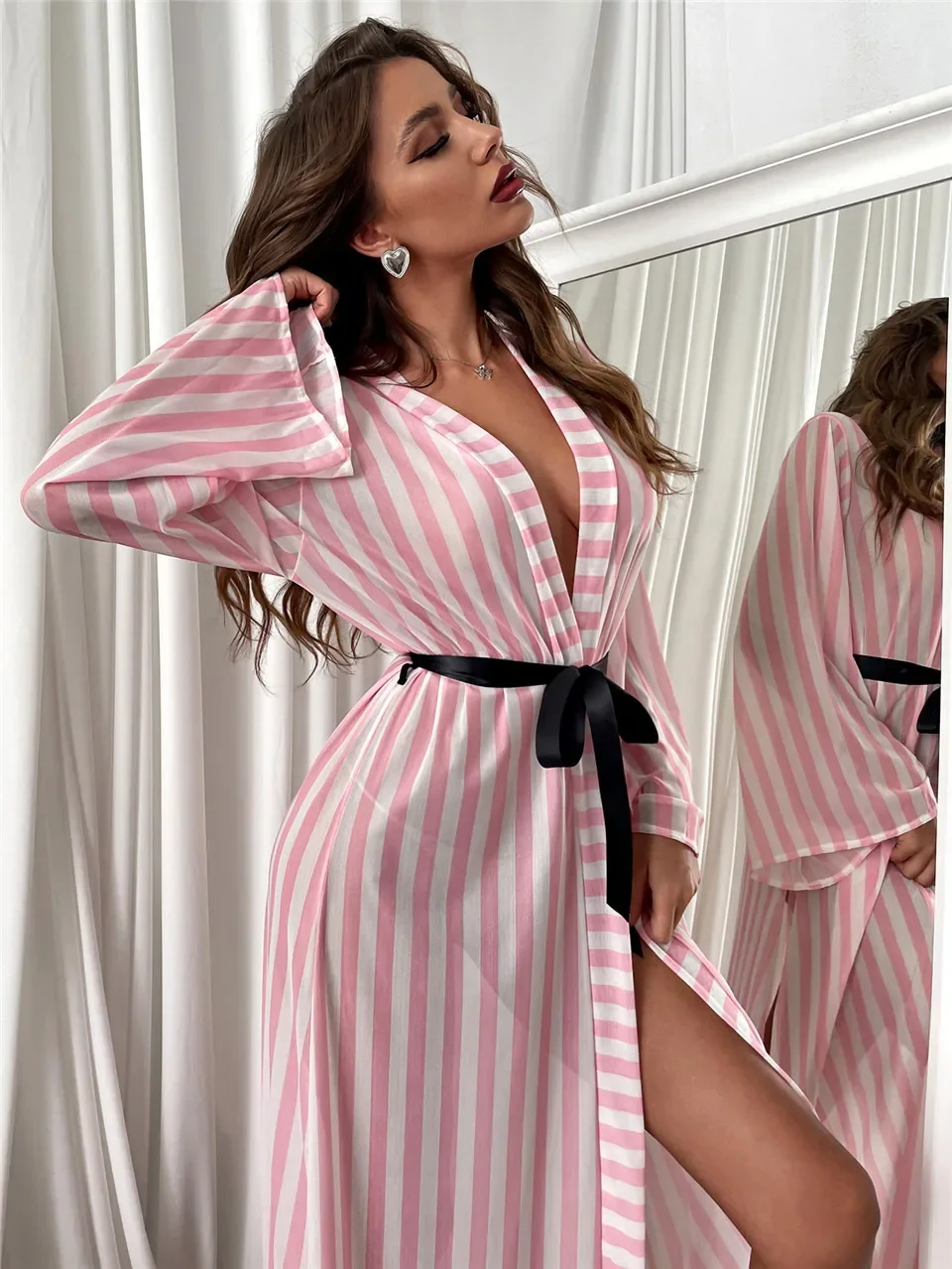 Women\'s Kimono Long Gown Striped Bathrobe Sexy Mesh Sleepwear Vintage Robe Summer Thin Beachwear For Female 2023