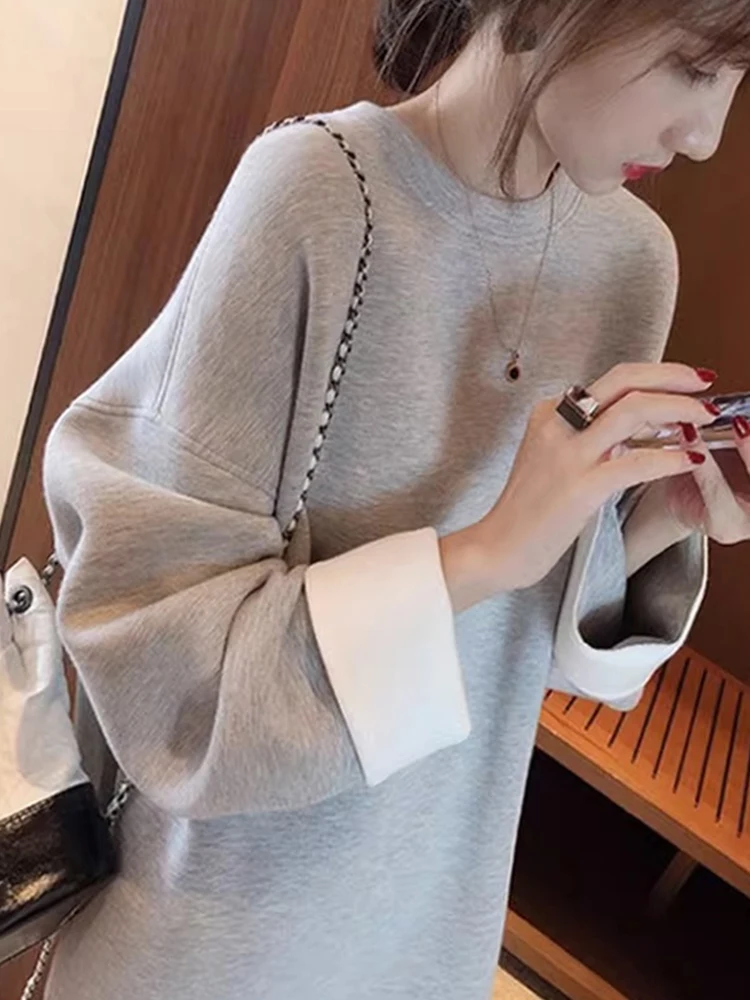 

Свободная длинная толстовка с капюшоном Sve в Корейском стиле, удобный круглый пуловер, свитер для похудения, осенний модный женский сгусток...