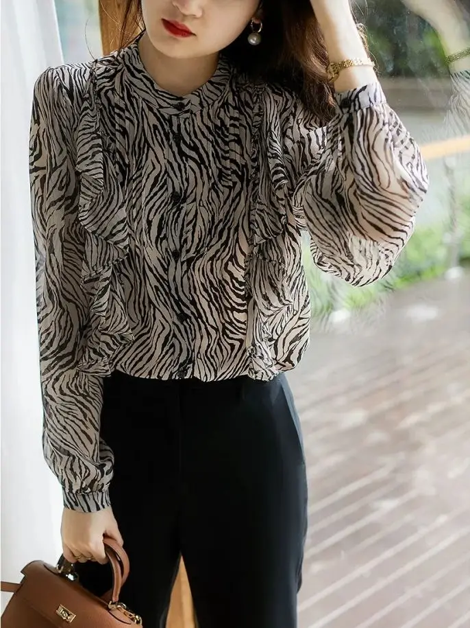 Loose Chiffon Striped Shirt With Ruffle Edge, Women's Long Sleeved 2024 Spring/summer New Tie Dye Sun Protection Shirt