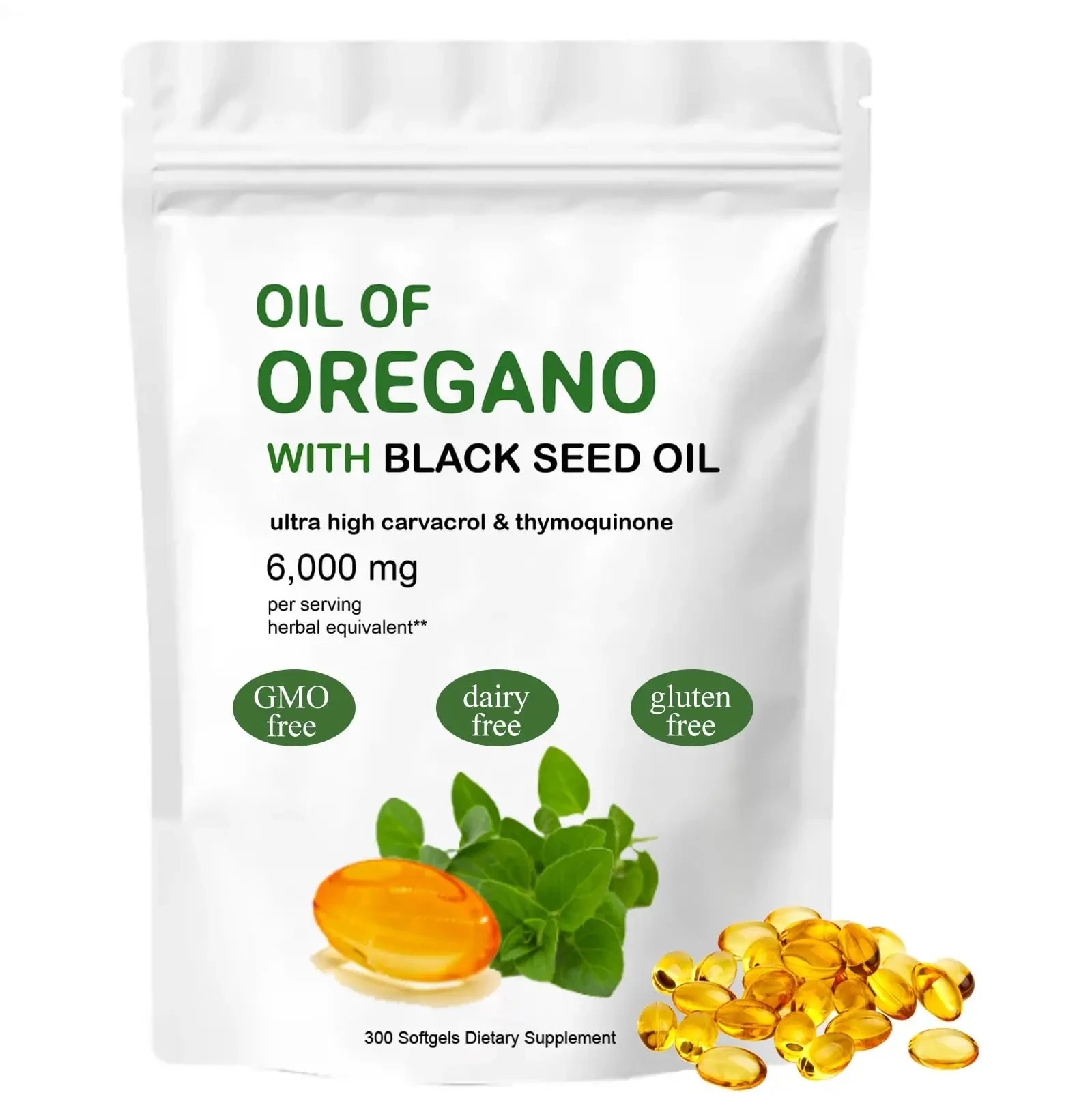 Oil of Oregano Softgels 2 in 1 6000mg Oregano Oil Supplement Capsules  Non-GMO Gluten Free 300 Capsule with Black Seed Oil 200mg