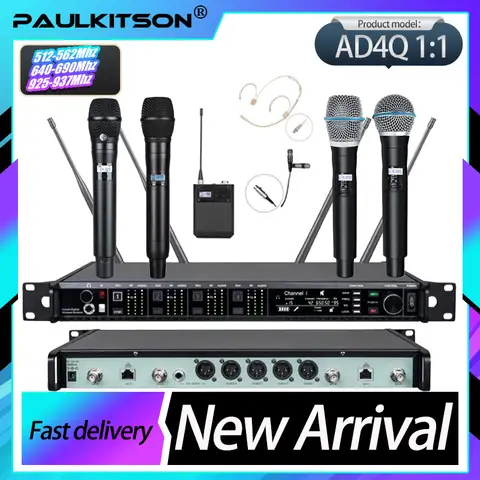 Paulkitson AD4Q 진정한 다양성 디지털 전문 무선 마이크 야외 무대용 4 채널 Beta58A/87A/500/600/900MHZ