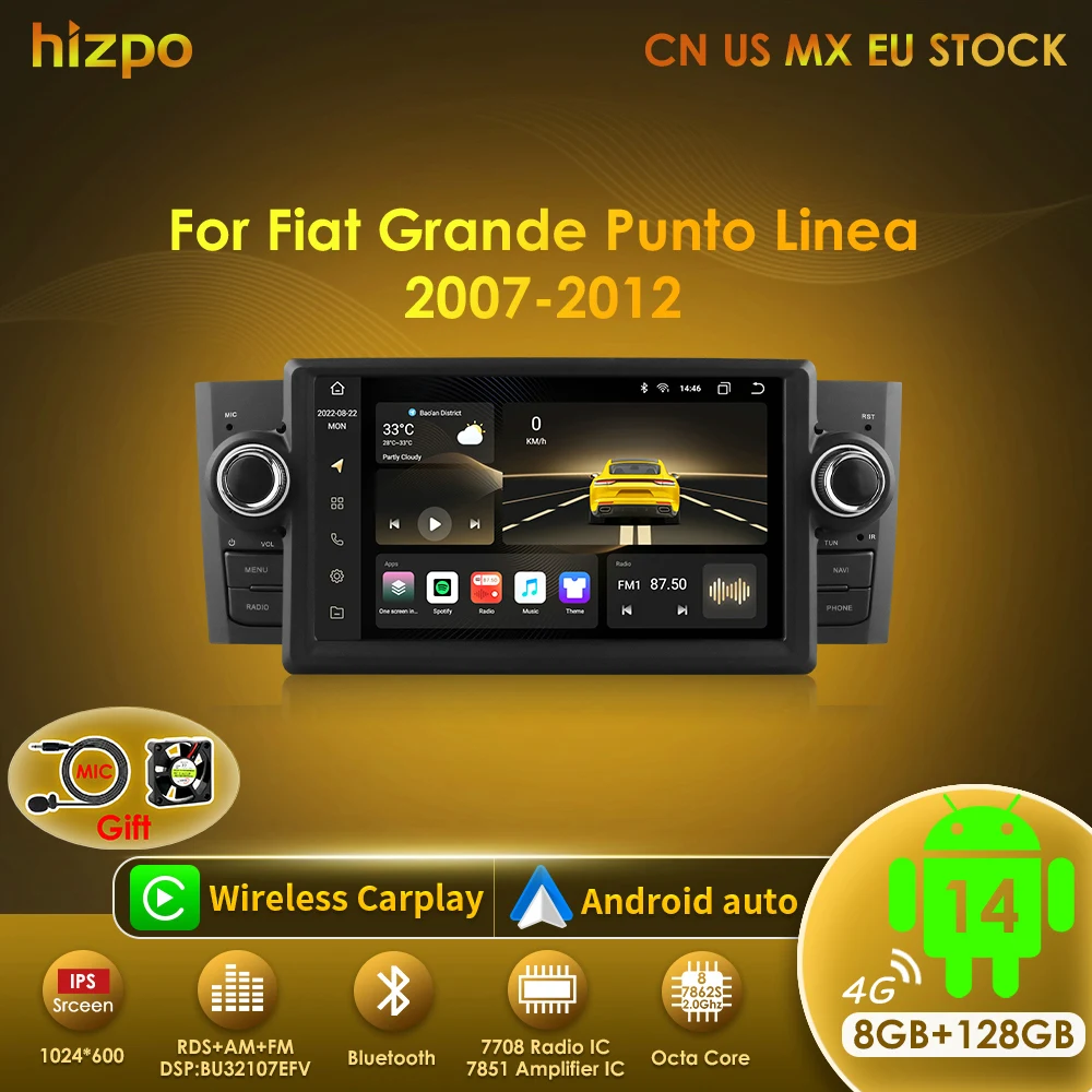 Hizpo 7 Zoll Android 14 Autoradio für FIAT Grande Punto Linea 2007-2012 Stereo Multimedia-Videoplayer GPS-Navigation Carplay