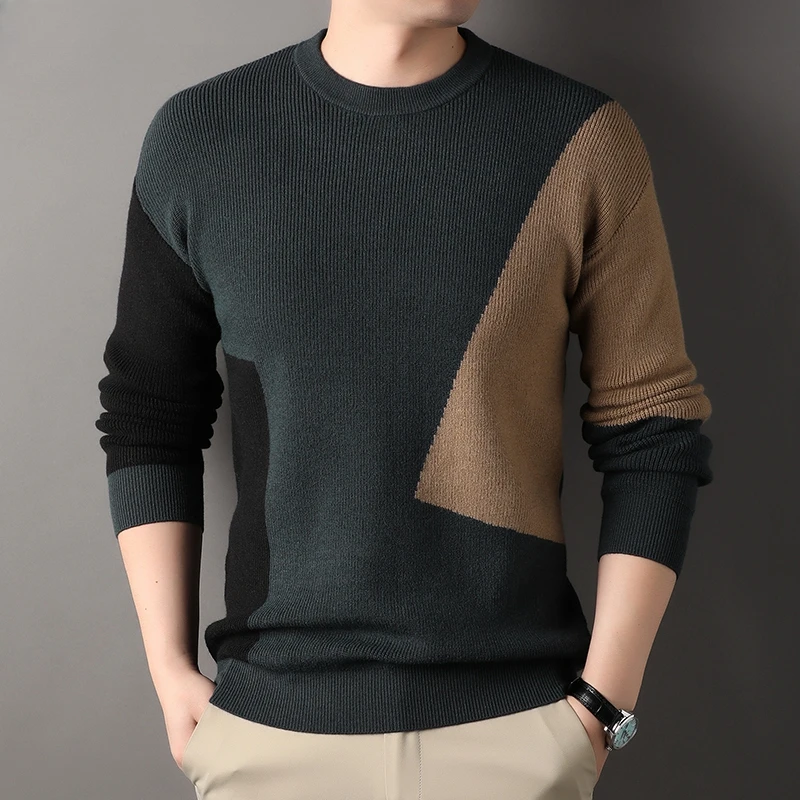 Men's Loose Long Sleeve Knitted Sweater, round Neck Color Block, High Quality, Spring, Autumn, Slim, South Korea, Casual