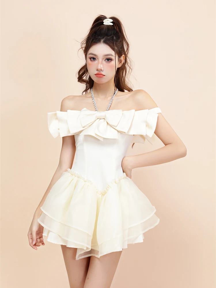 

Elegant Slash-neck A-line Dress Sexy Bow Sleeveless Ruffle Puffy Mini Dress Women Summer New Fashion Party Dresses