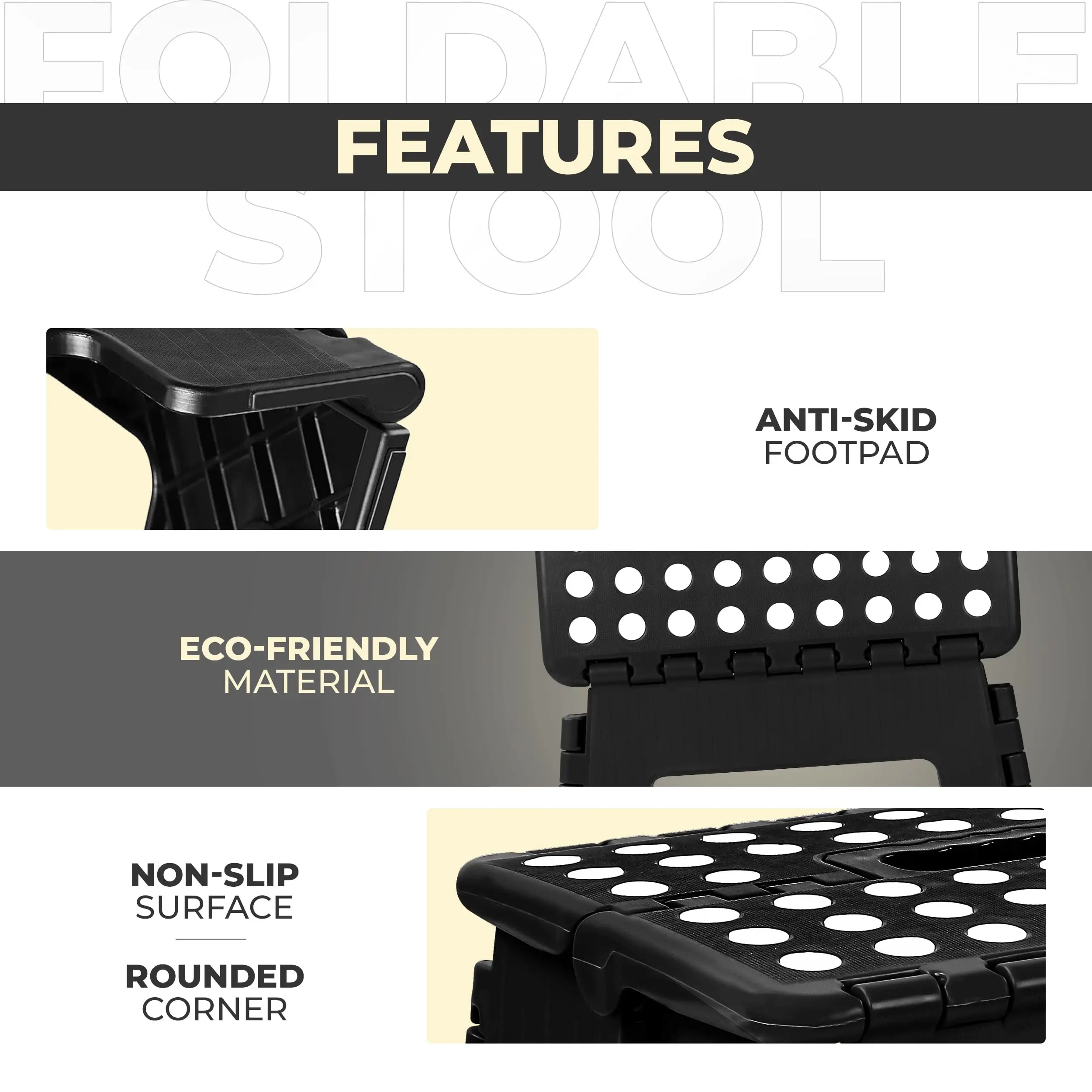 Foldable Step Stool Lightweight Non-Slip, Folding Stool for Kitchen Bathroom Home, Easy Storage Portable Sturdy Black image 6