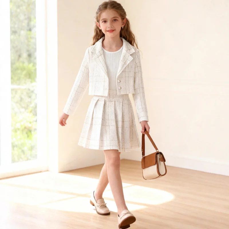Girls' Spring and Autumn New High-Quality Fashionable Stylish Jacket, Vest, and Skirt Three-Piece Set