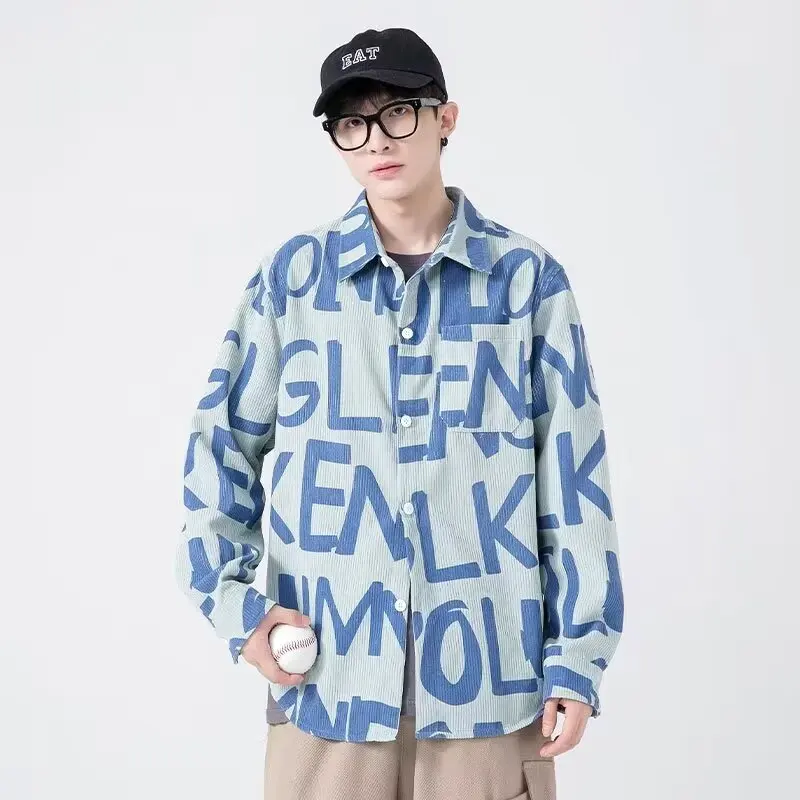 

Corduroy Long Sve irt Loose Casual American Sle Retro High Street Print Men's Spring Faion Brand Label Polyester Fiber