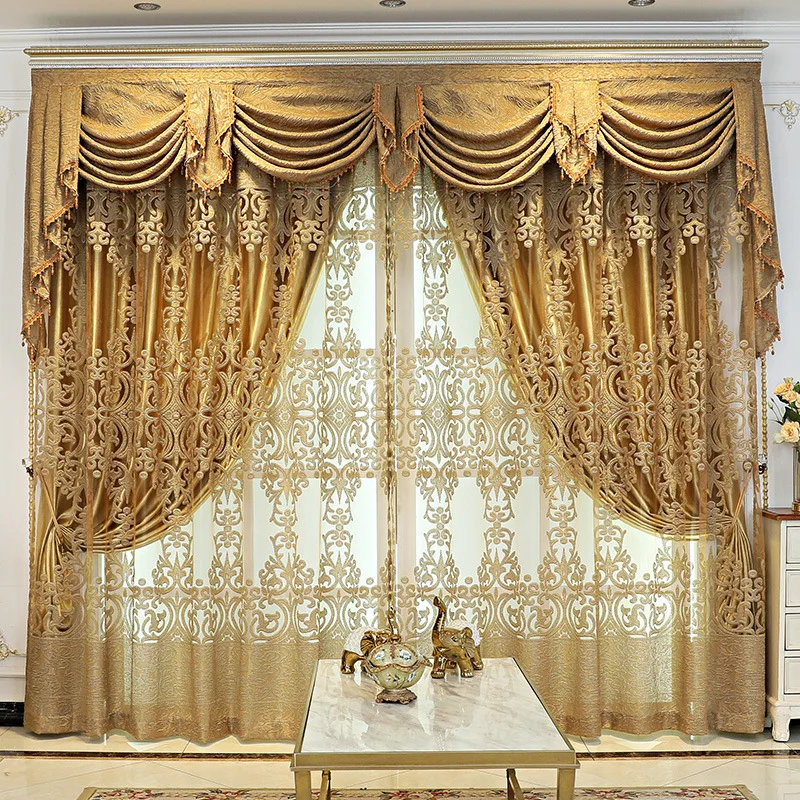 Imagem -05 - Golden Lace Cortinas Oco Luxo Europeu Janela Tela Villa Ouro Cortinas Sala de Estar Sala de Jantar Quarto Tulle Valance