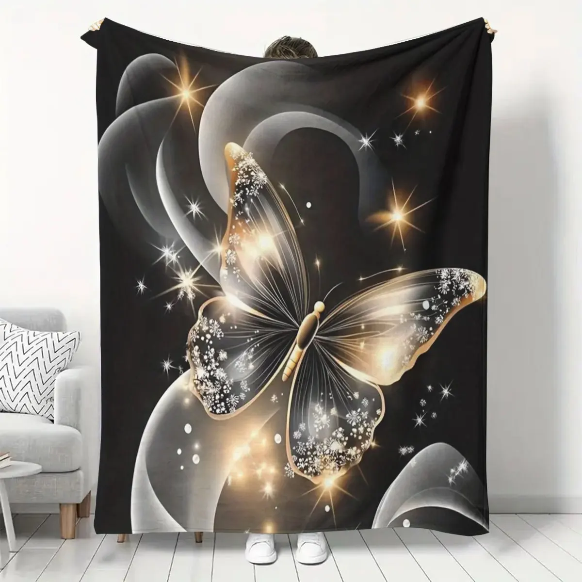 Golden Glitter Butterfly Flannel Throw Blanket Luxury Shiny Crystal‑decorated Black‑gold Butterfly With Sparkling Light Smoke