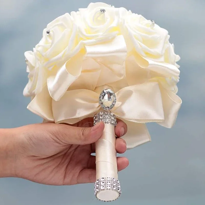 Bouquet de roses artificielles pour demoiselles d'honneur, blanc ivoire, crème, avec diamant, adapté aux fêtes de mariage et aux polarisation