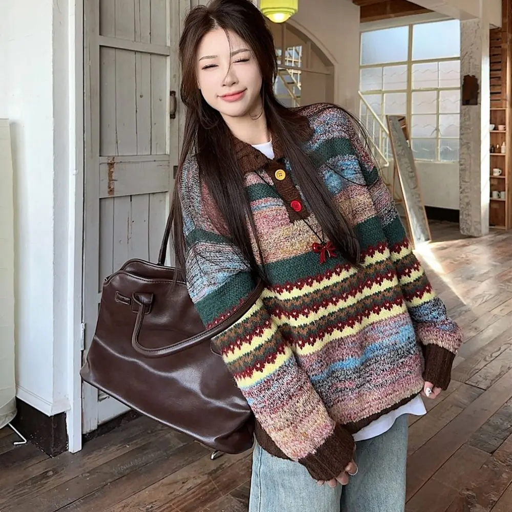 

Fashion Long Sleeve Knit Sweater Women Soft Sweet Colorfult Crochet Knitwear Loose Retro Sweet Girl's Pullover Gift