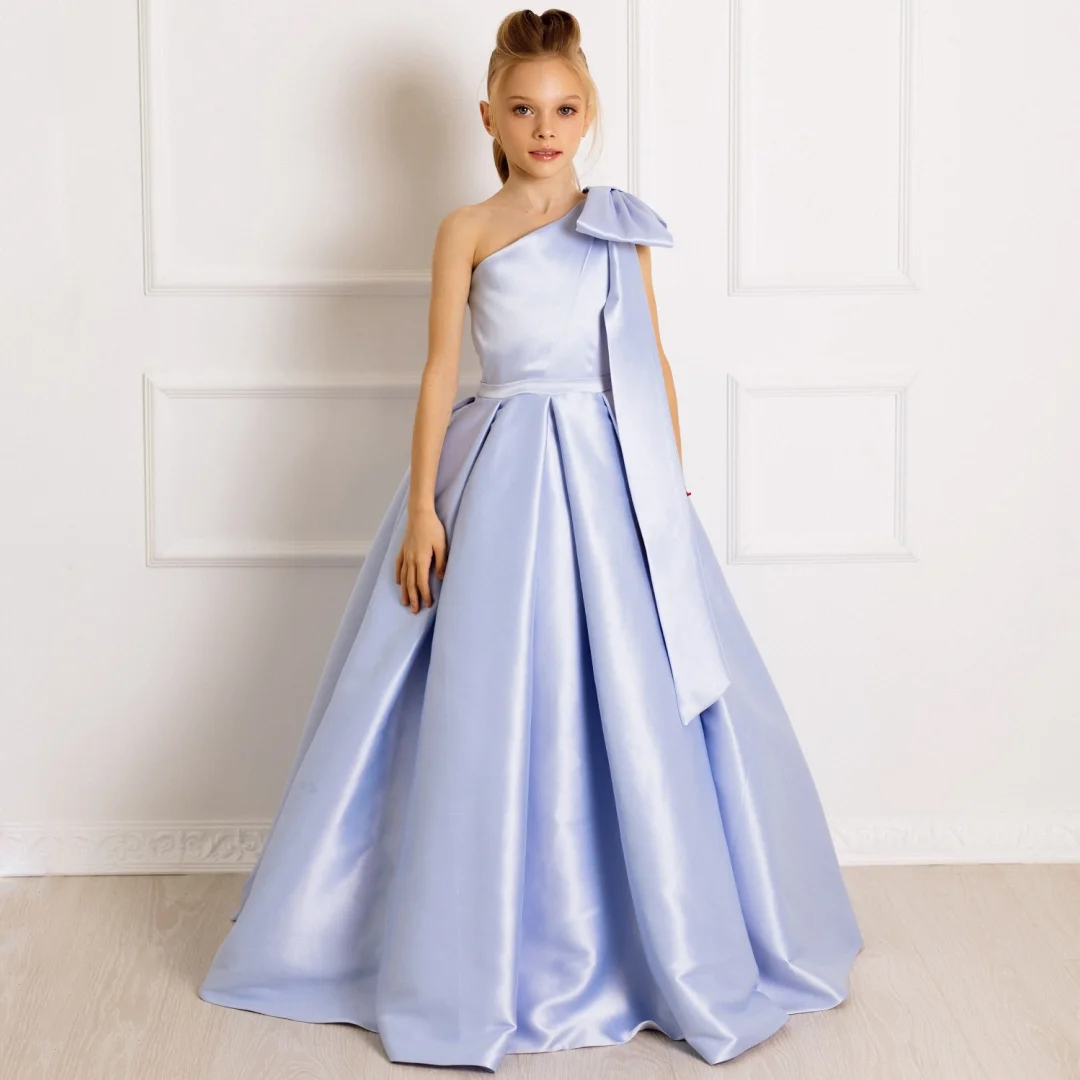 Vestidos florais personalizados para meninas, roxo, sólido com laço, ombro único, para casamento, festa de aniversário, baile, banquete, vestidos de princesa