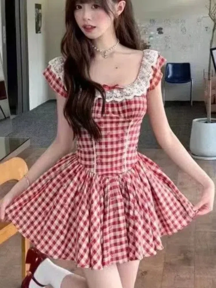 New High Quality Plaid Lace One Piece Dress Korean Fashion Summer Mini Dress Square Collar Sundress Sweet Elegant