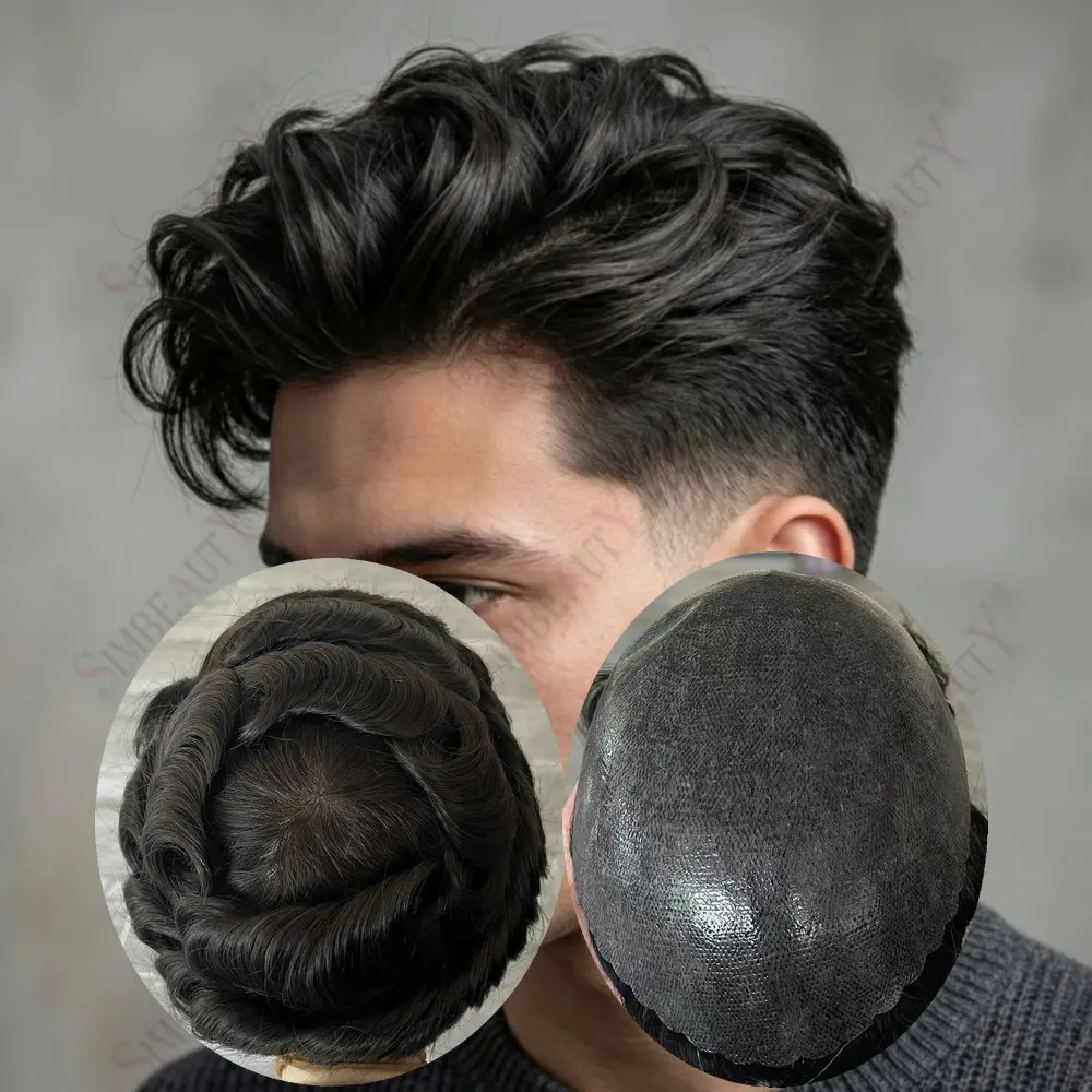 

Натуральный вид волос, прочный, 0,1 мм, инъекционная основа из полиуретана, мужской парик из натуральных волос, темно-коричневый, седой, мужской протез для волос