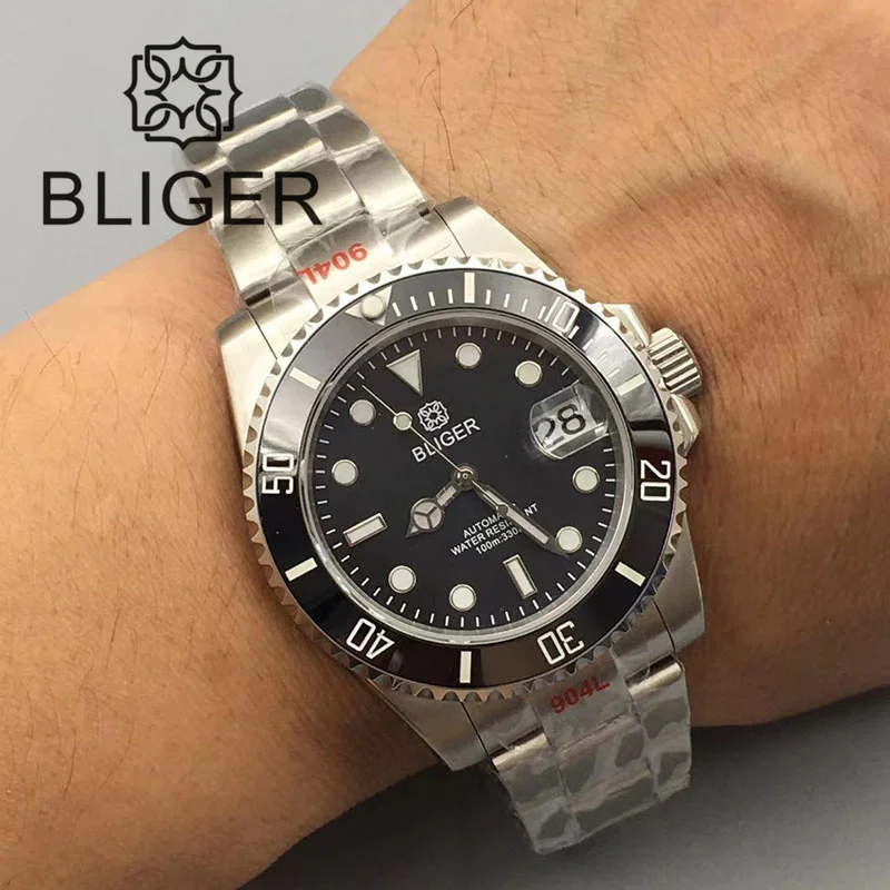 BLIGER 40mm Men's Watch 24 Jewel NH35A  Mechanical Sapphire Glass Black Dial Luminous Stainless Steel Bracelet Waterproof Date