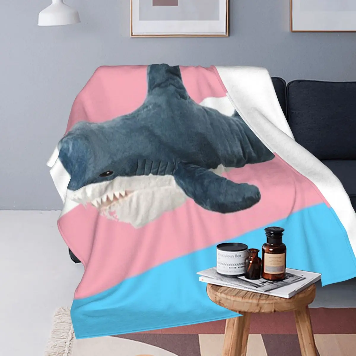 Throw Blanket BLAHAJ SHARK TRANS FLAG Micro Fleece Blanket Four Sizes Fashionable Portable For Bedroom AntiPilling Blanket