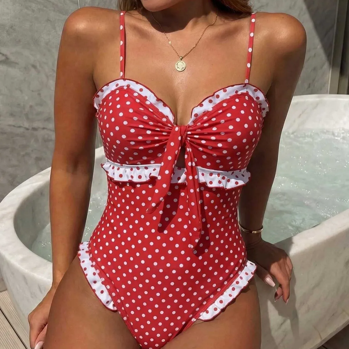 Women Vintage Polka Dot One Piece Suits Bathing Suit Print Front Knot Hollow Out Frill Edge High Leg Sportswear Pool Swimwear