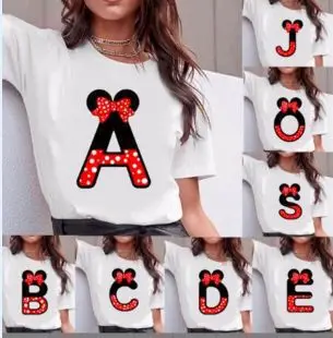 Disney Kawaii Mickey Mouse ABCDEDFHI Letters Graphic Women T-Shirt Cute Summer Blouses Loose White O-Neck Tees Short Sleeve Tops