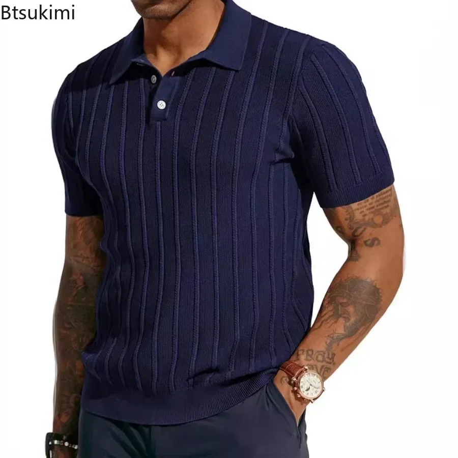 Fashion Vintage Striped Knit Shirts Men\'s Solid Short Sleeve Comfy Breathable Tops Summer Cool Casual Polo Shirts Golf Wear Male