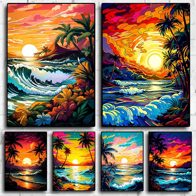 1pc frameless Canvas Painting Retro Beach Sunset Posters Vintages Landscapes HD Pictures Canvas Paintings And Prints For Living