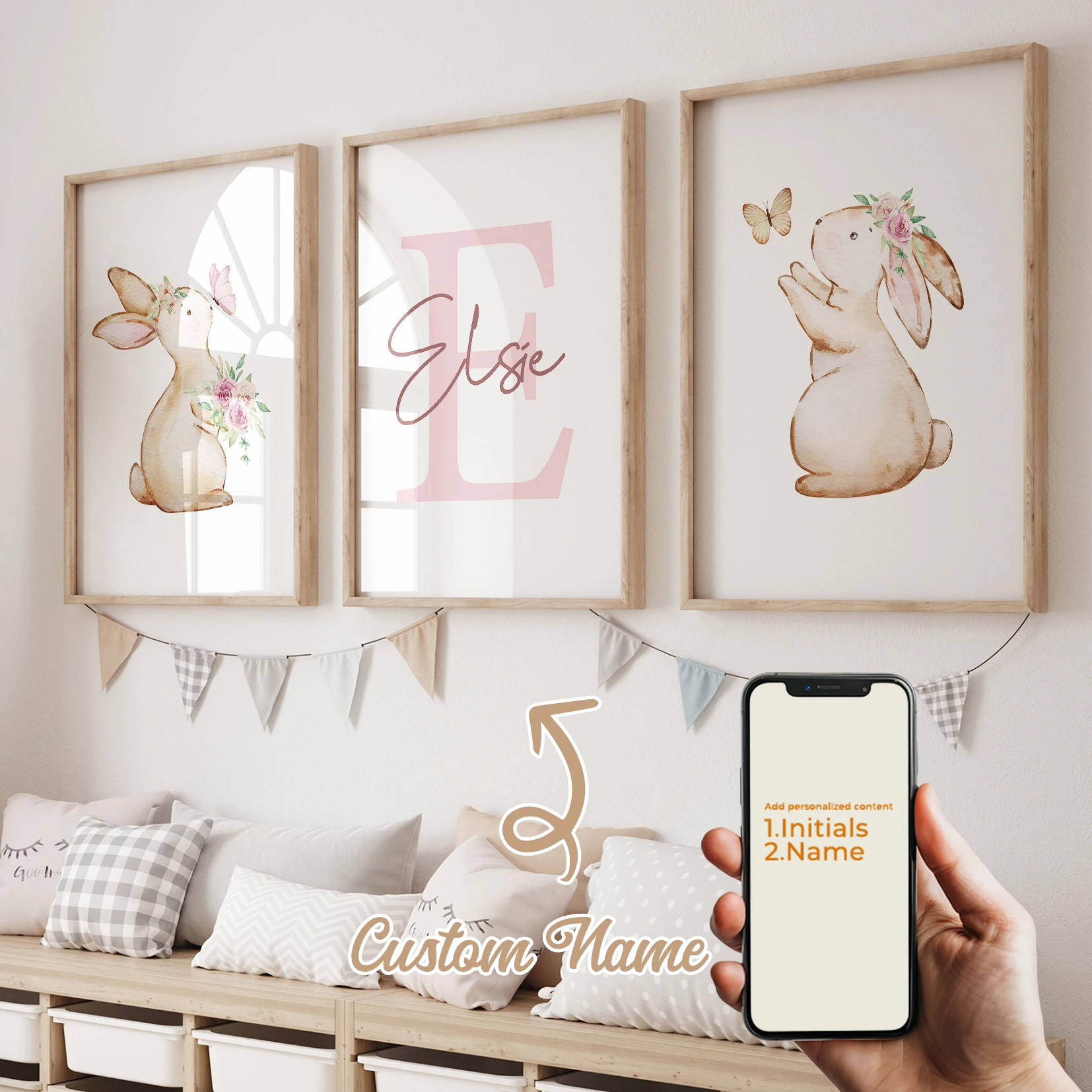 Baby Nursery Prints - 3pcs Personalized Name Butterfly Rabbit Wall