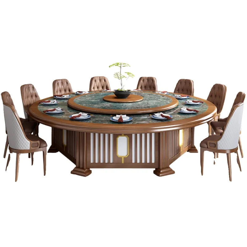 

New Chinese-style solid wood electric large round table for 18 people, hotel rock slab round home with turntable for 20 people