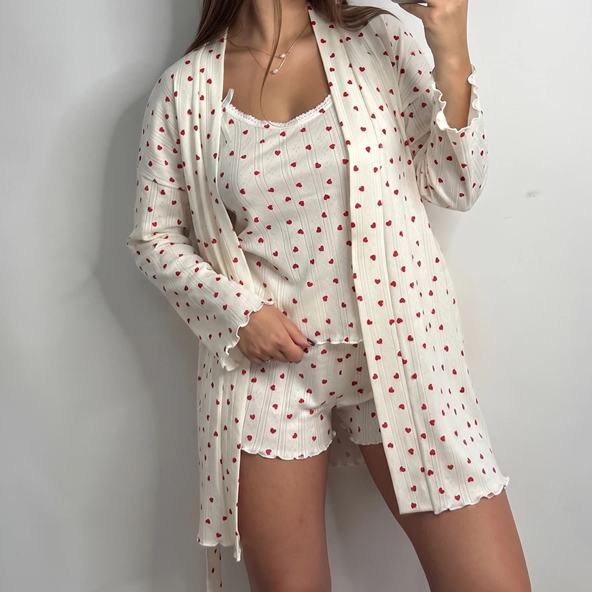 HiLoc Printed Sweet Knit Elastic Women Pajamas 3-Piece Long-Sleeved Lace-Up Top Sleeveless Suspender Vest Elastic Waist Shorts