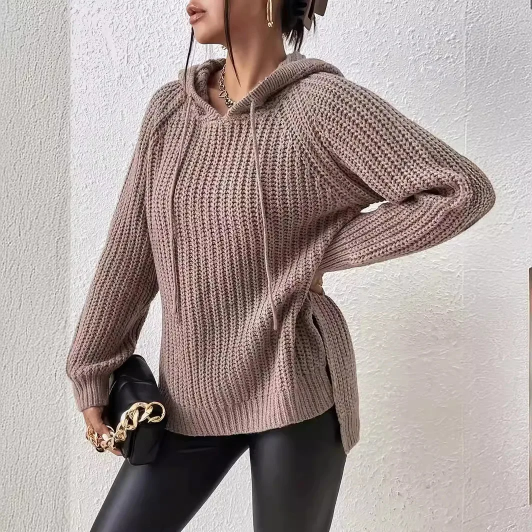 

Women's Sweater Raglan Sleeve Split Hem Drawstring Hooded Sweater Sweater for Women