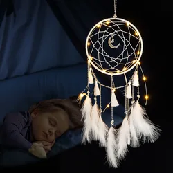 LED Lamp Flying Wind Chimes Lighting Dream Catcher Handmade Gifts Dreamcatcher Feather Pendant Romantic Creative Wall Hanging