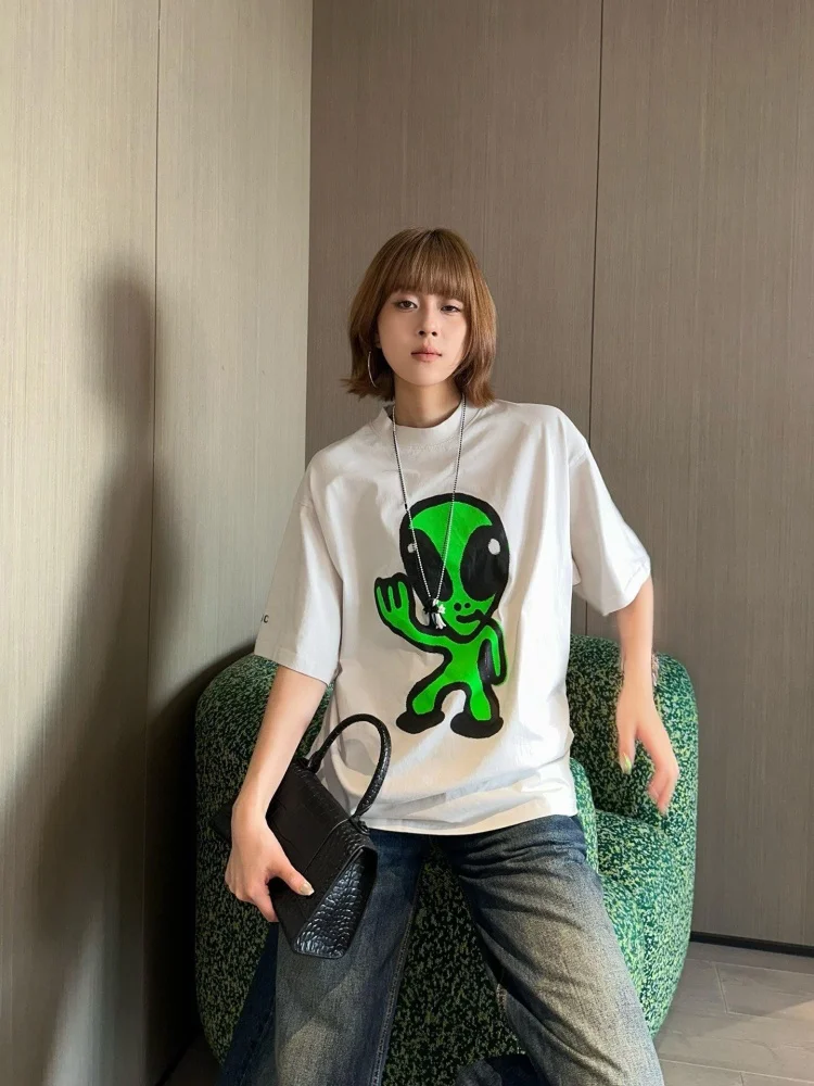 

Parisian Alien Neon Printed Smile fitis ort Sve Heavyweight Cotton Vintage Waed Tee Casual Summer Fit Tirt