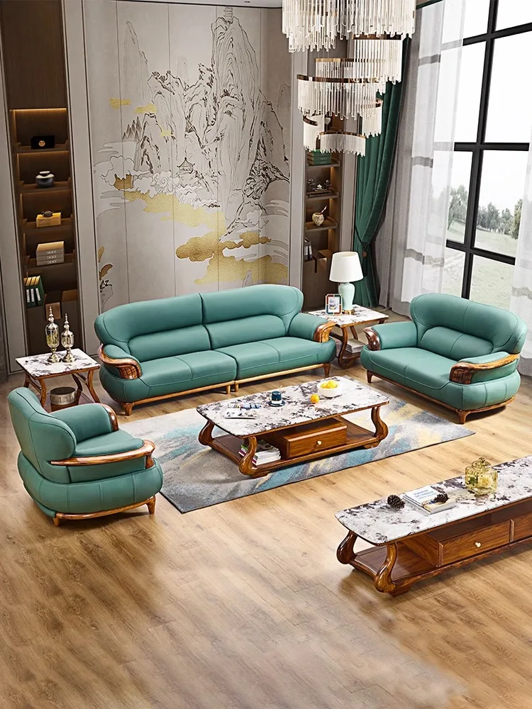 Modern simple ebony leather luxury living room new Chinese first-layer cowhide sofa