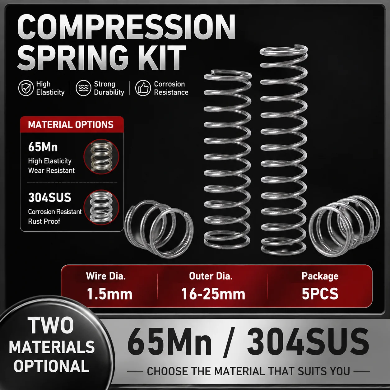 

65Mn/304 Stainless Steel Compression Springs, 1.5mm WD,OD 16-25mm,Length 15-100mm,High Hardness,Suitable for Mechanical Equipmen