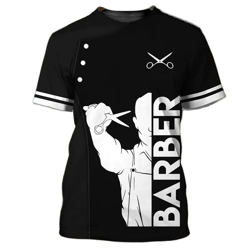 2023 Summer New Barber Men's T Shirt Haircut Tool Print Men's Short Sleeve Fashion Top O Neck Oversized Men's Clothing Blouse