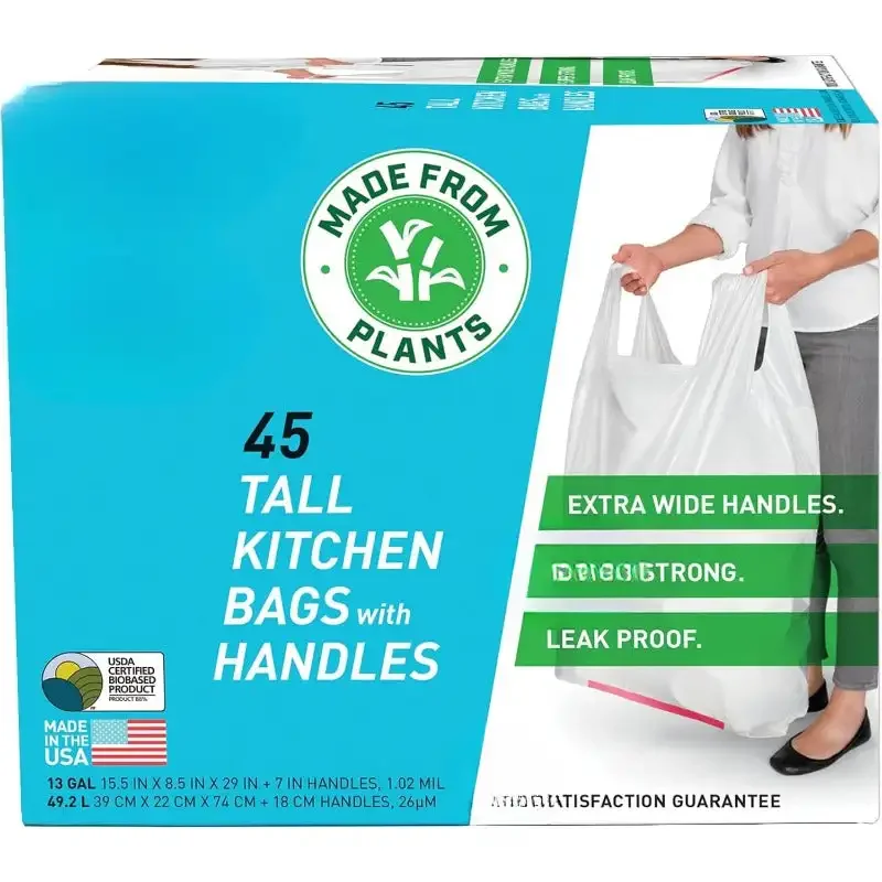 Plant Based Tall Kitchen Garbage Bags with Ergonomic Handles - 13 Gallon Trash Bags - Recyclable  (45 Count)