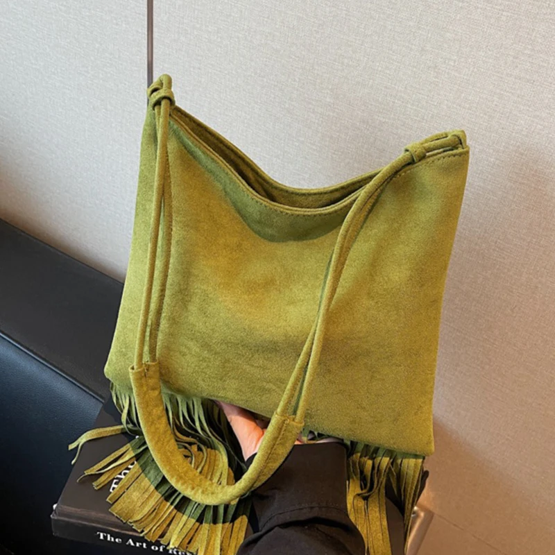 

Bohemian Style Tassel Tote Bags for Women Autumn Solid Color Faux Suede Shoulder Bag Lady Beach Vacation Handbags