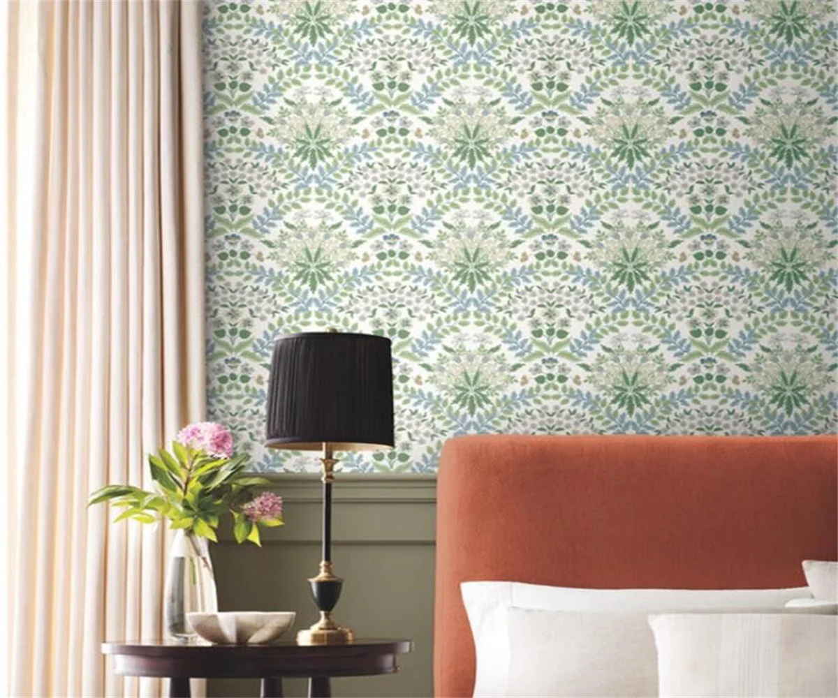 

Custom murals Hotel green pattern wallpaper Retro garden style living room bedroom background Dining room background wallpaper