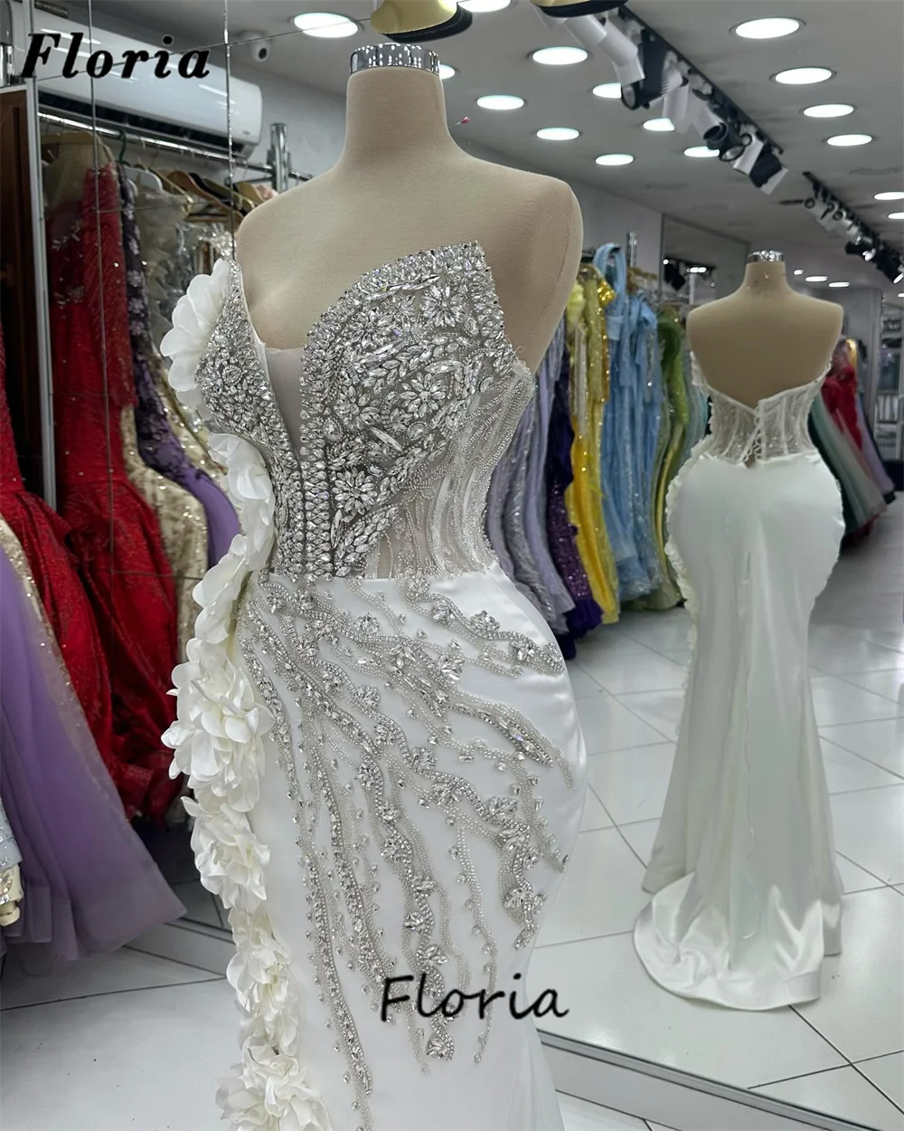 White Flowers Slit Evening Dresses Custom Made Sheer Neck Women Prom Dress Elegant 2025 African Dubai Beaded Wedding Party Gowns