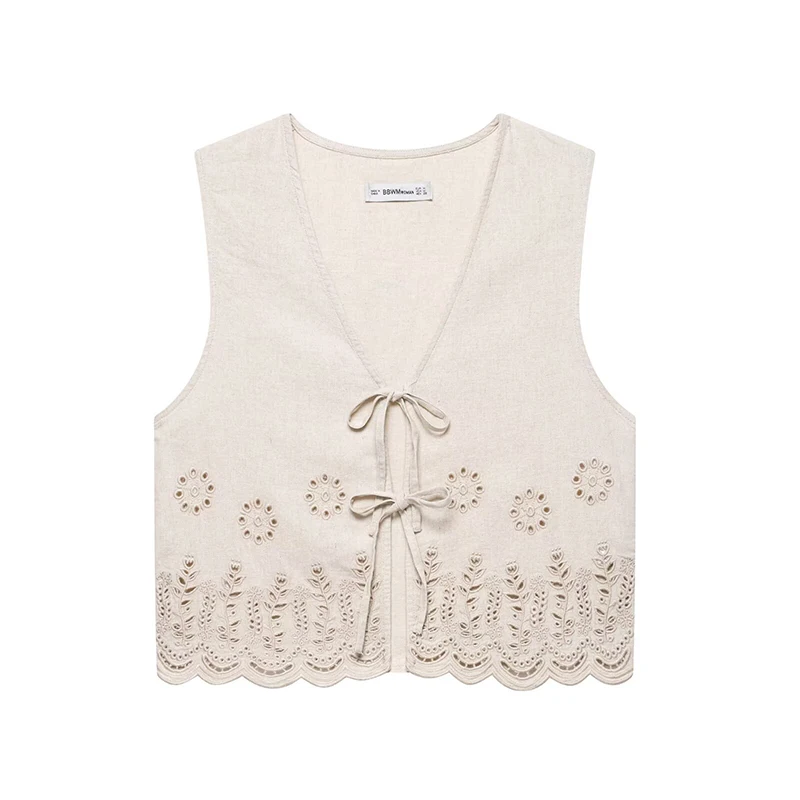 

RAFZNB Women Fashion Hollow Out Embroidery Short Waistcoat Summer V-Neck Sleeveless Vests Vintage Female Chic Tops