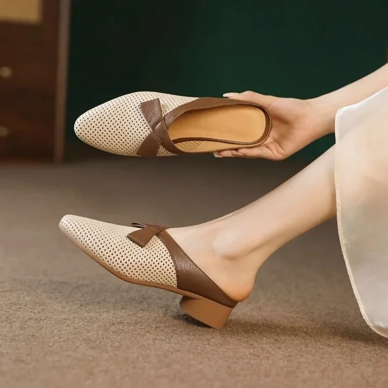 Mesh Mid Heel Modern Slippers Butterfly-knot Square Heel Shoes Female 2024 Hot Sale Solid Summer Concise Women\'s Slippers